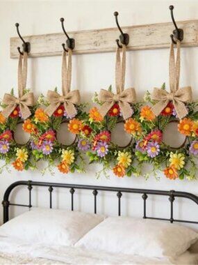 4 Pcs Mini Flowers Wreaths for Cabinets with Orange Red Purple Yellow Daisy